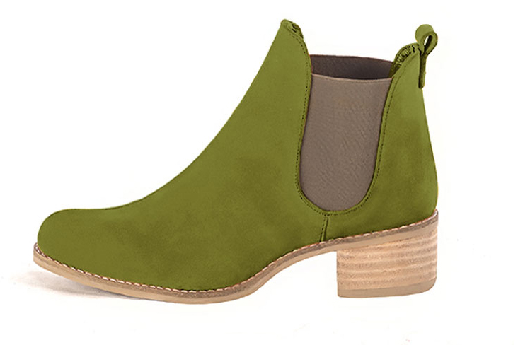 Pistachio green and bronze beige women's ankle boots, with elastics. Round toe. Low leather soles. Profile view - Florence KOOIJMAN